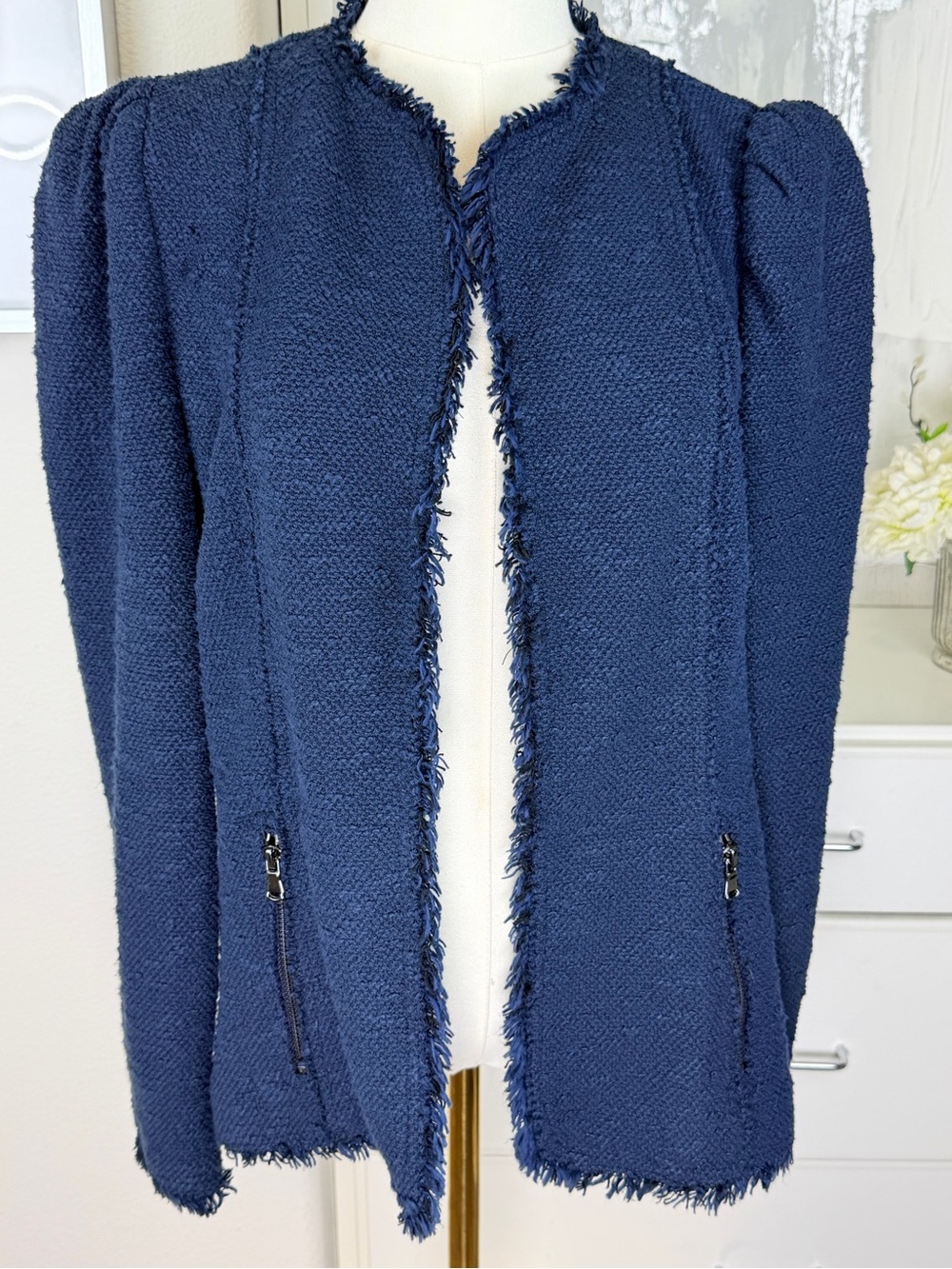Rebecca Taylor Navy Tweed Fringe Puff Shoulder Jacket - Size 8